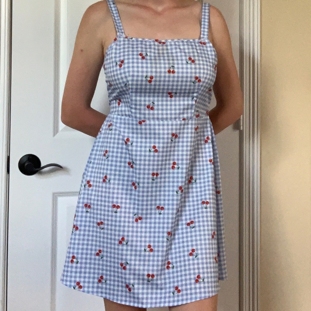 DISCONTINUED Shein Cherry Print Blue & White Gingham Nylon Mini Dress